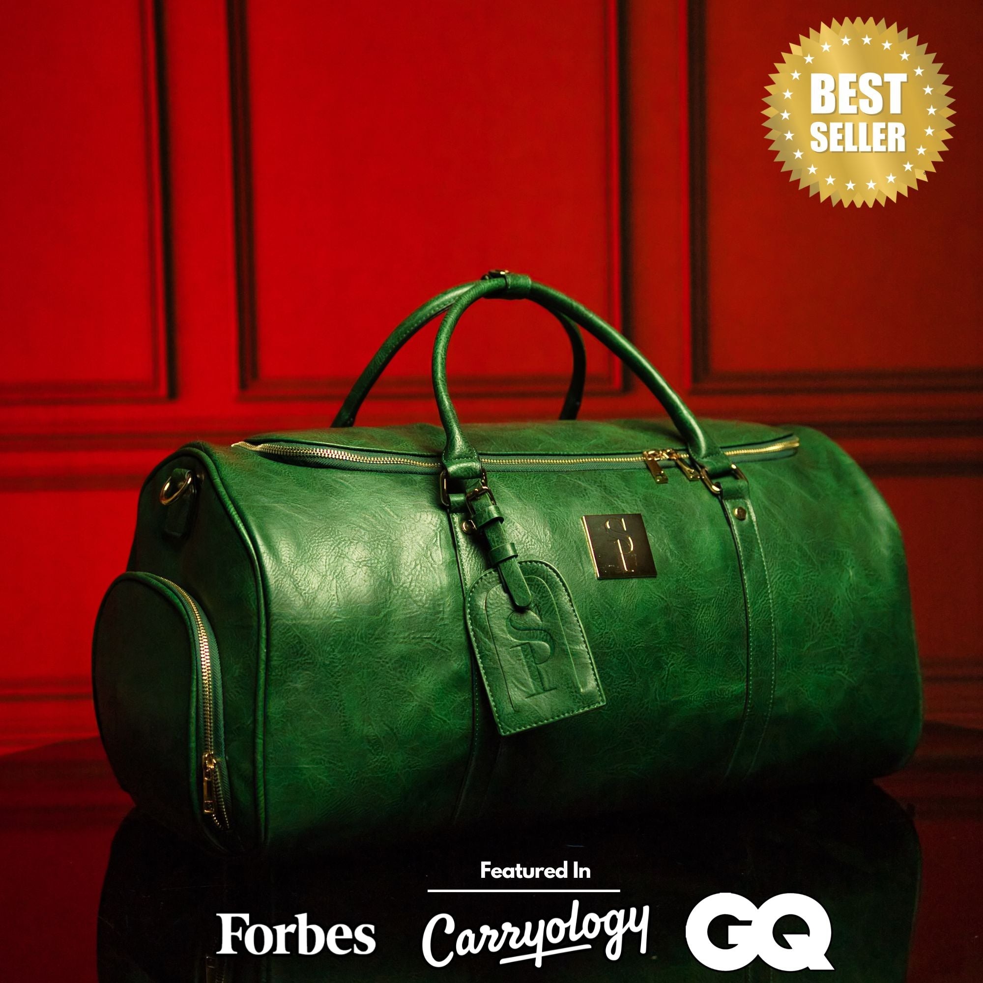 Green leather duffel bag on a red background with 'Best Seller' label and magazine logos.