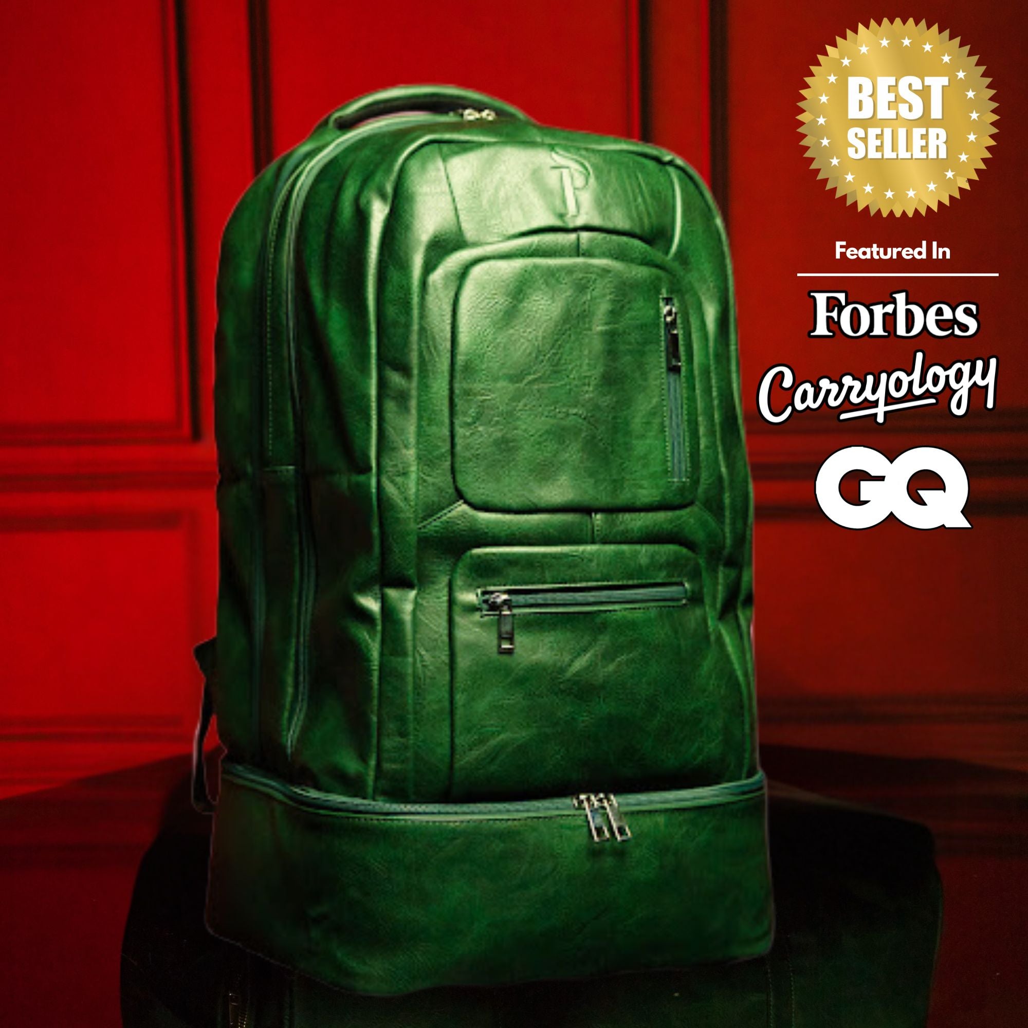 Green backpack on a red background with 'Best Seller' and magazine logos.