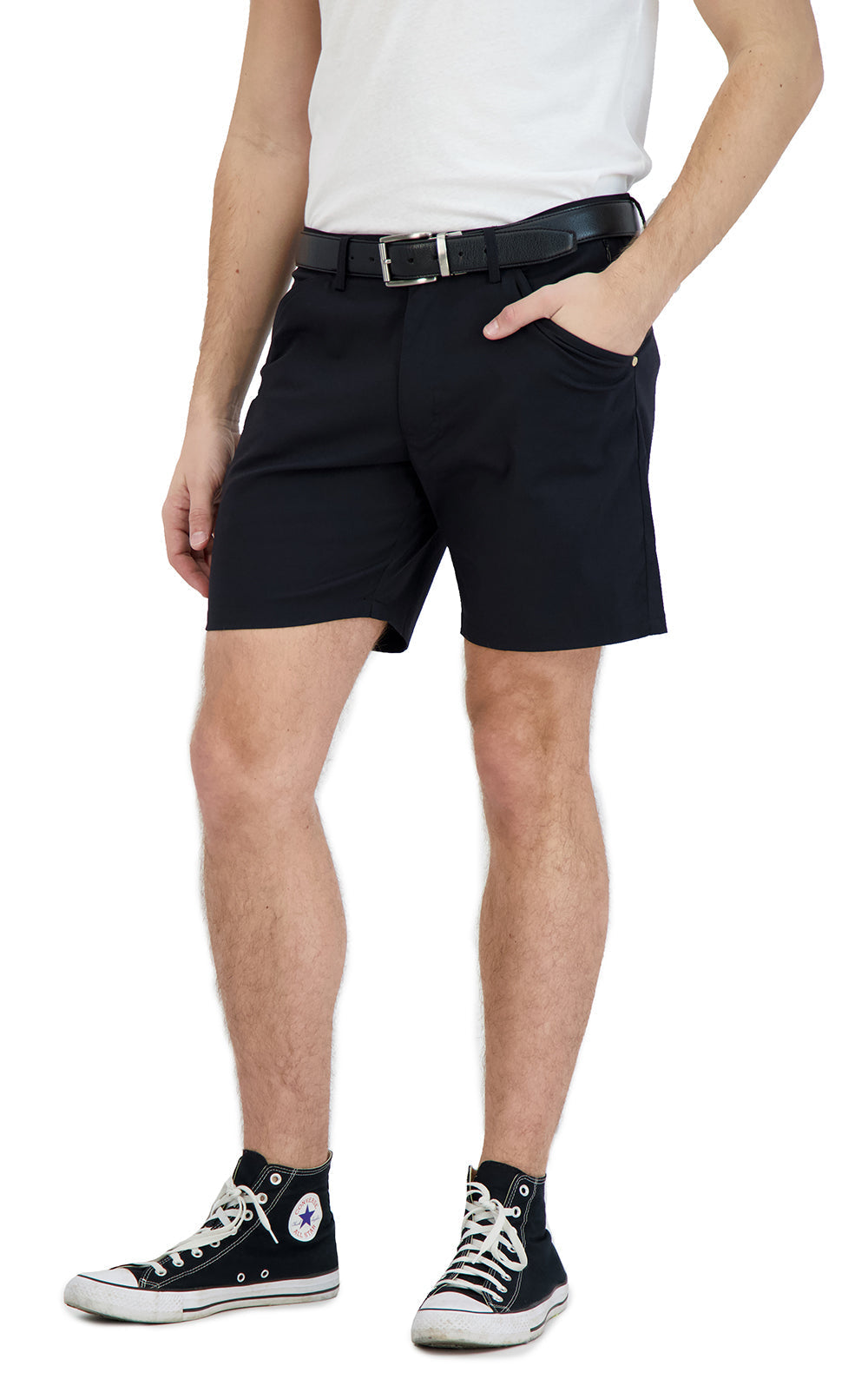 Person wearing black shorts and a white shirt on a white background