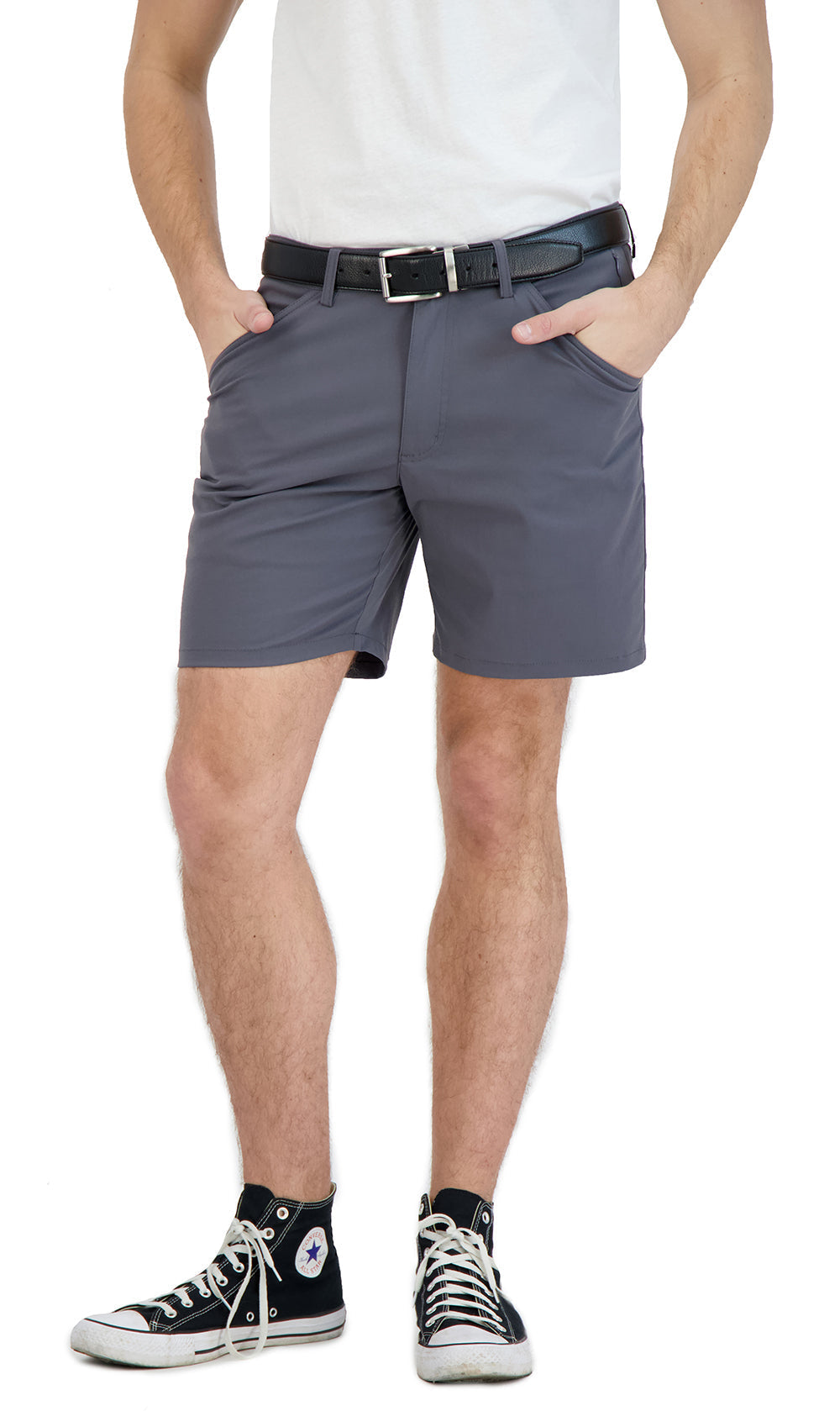 Person wearing gray shorts, a white shirt, and black high-top sneakers on a white background