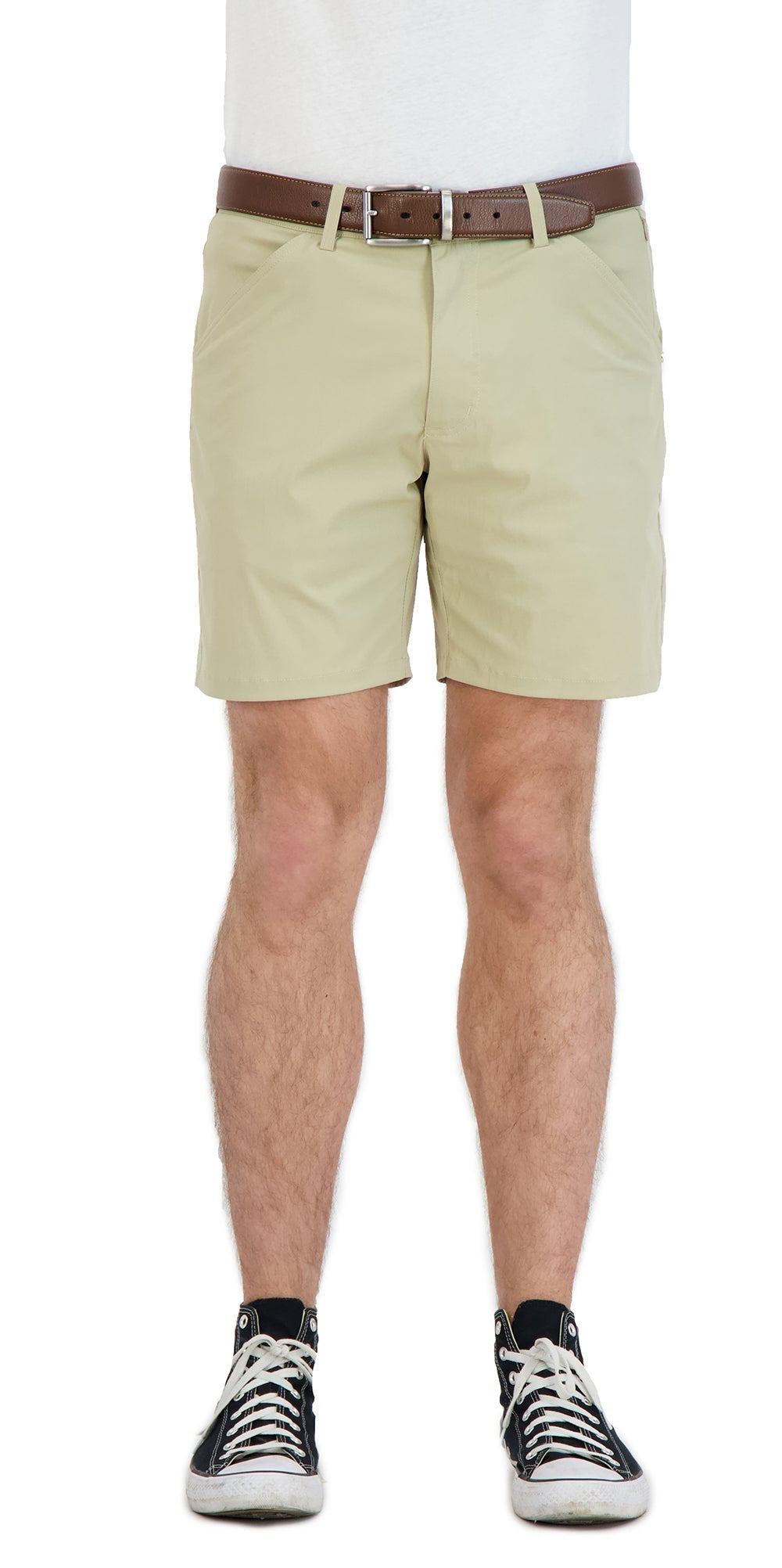 Beige shorts worn by a person on a white background