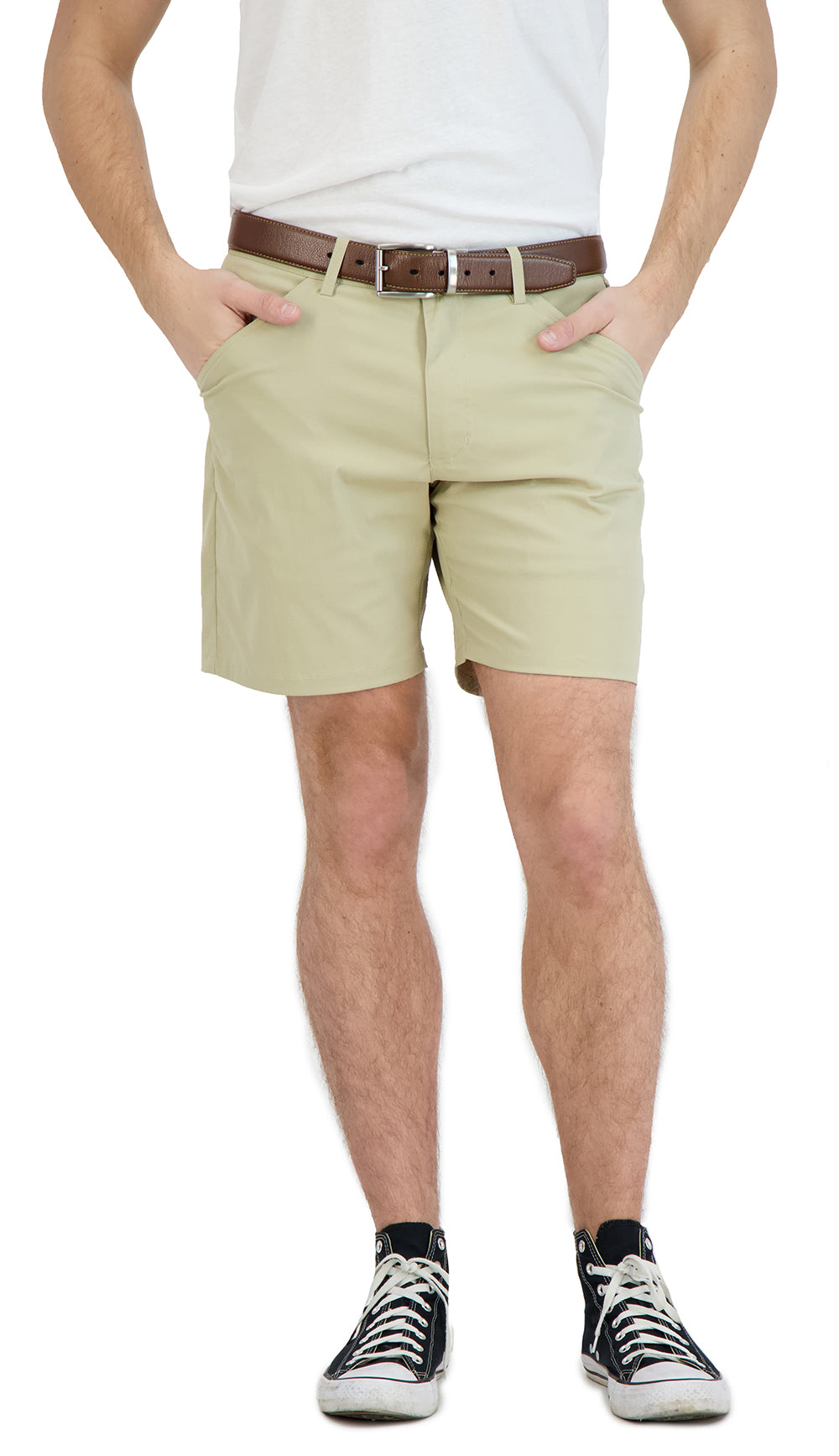 Person wearing beige shorts and a white shirt on a white background