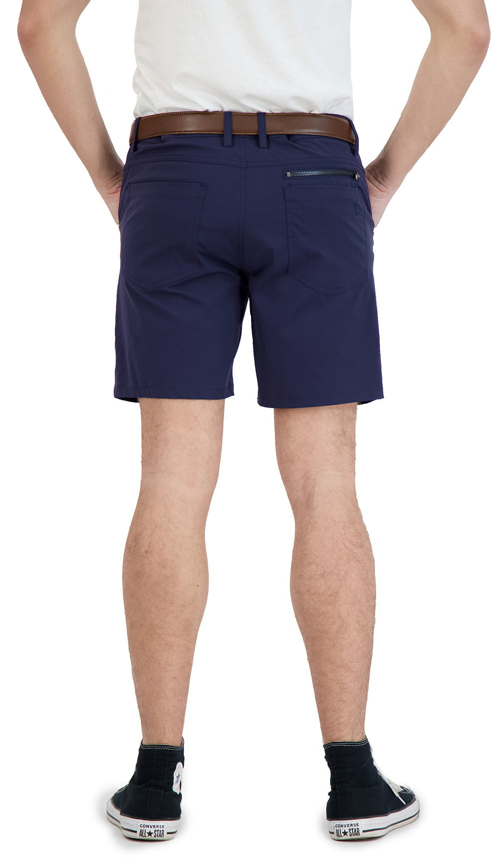 Navy shorts worn by a person on a white background