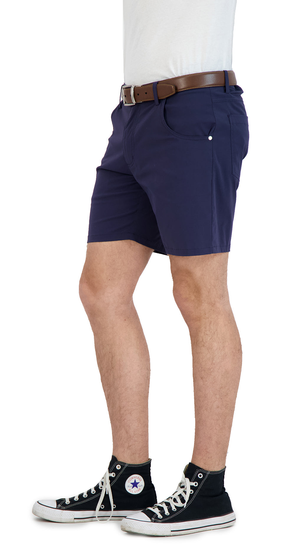 Navy shorts worn by a person on a white background