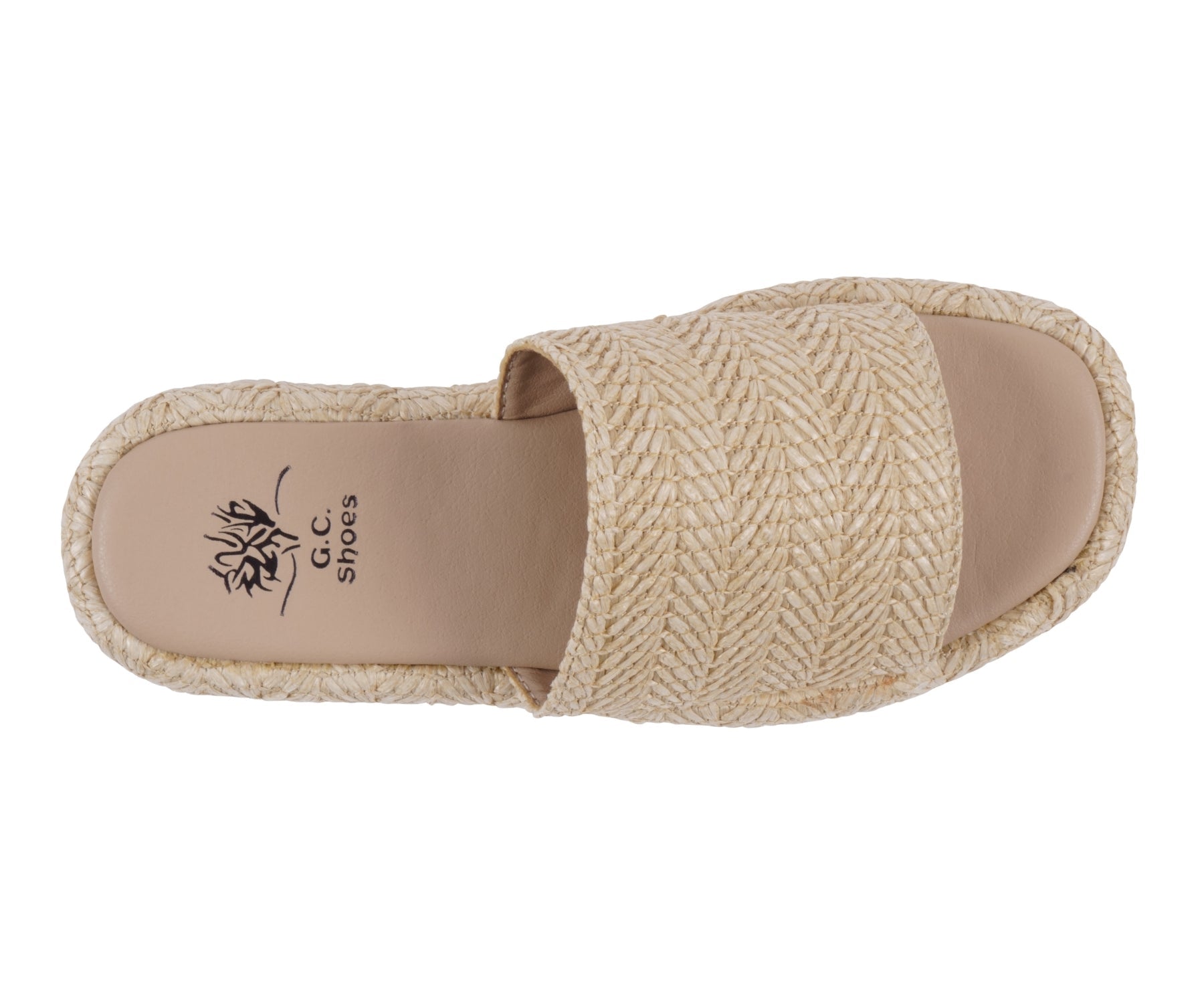 Beige espadrille sandal with woven pattern on a white background