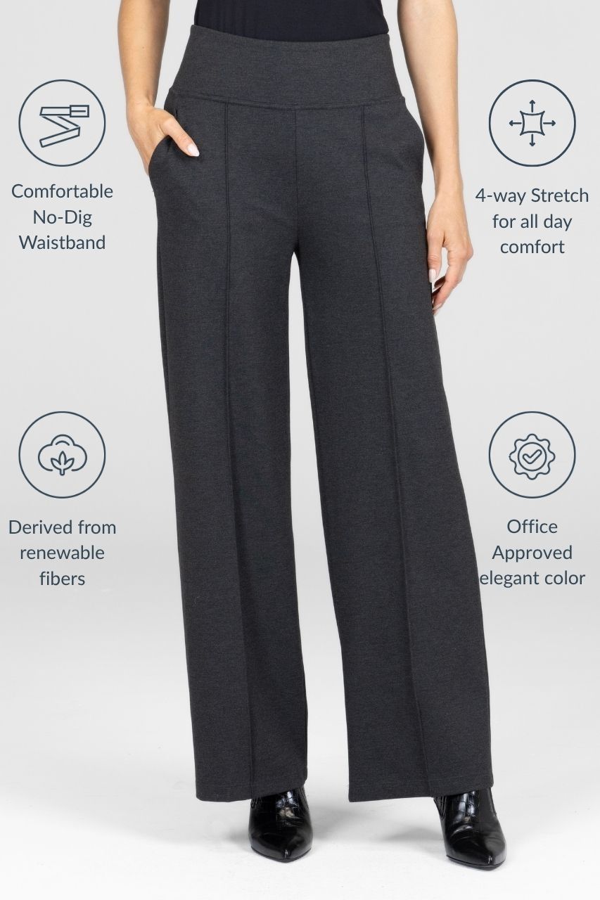 Dark gray pants with text highlighting features on a white background