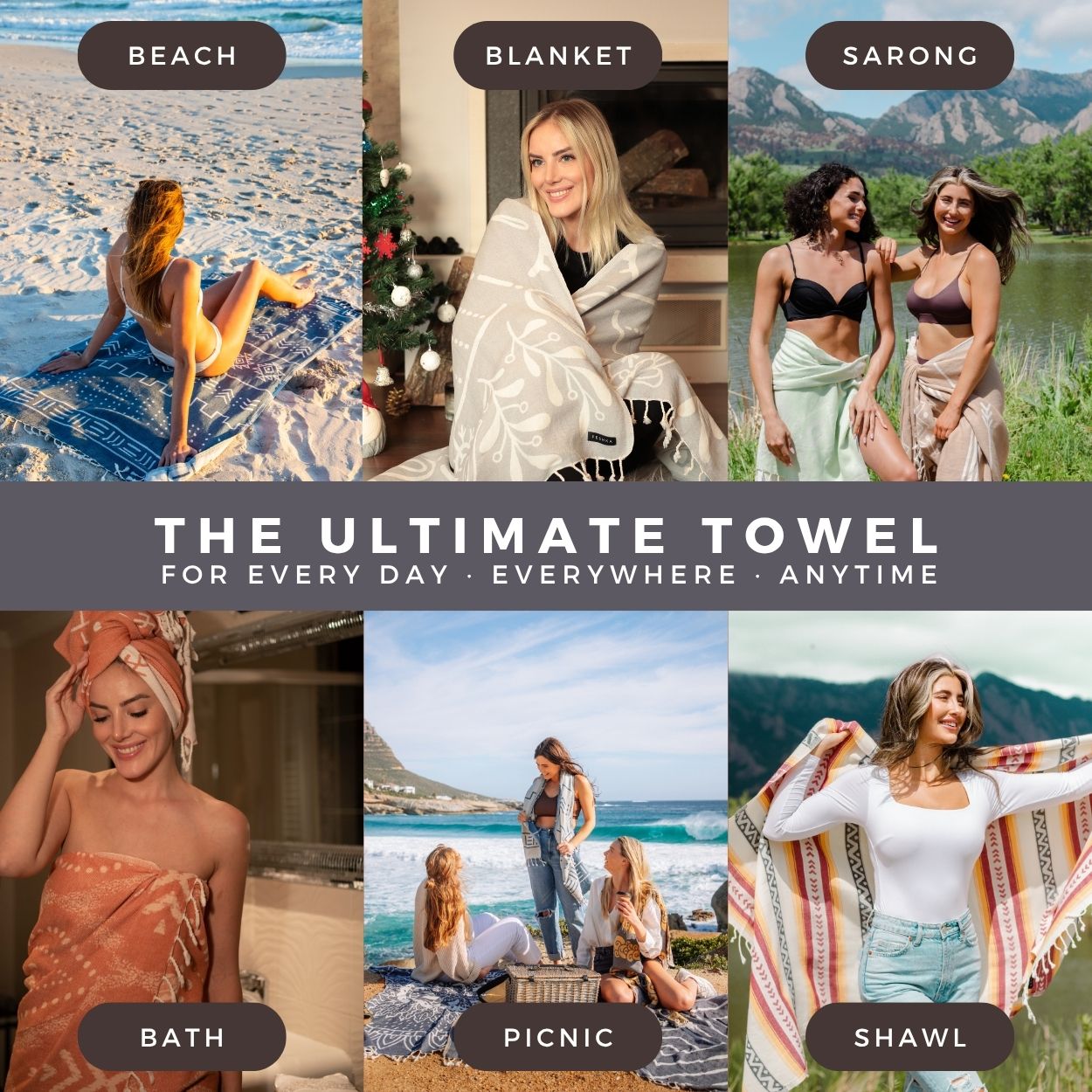 Collage of people using towels for various activities with text 'The Ultimate Towel' at the bottom.