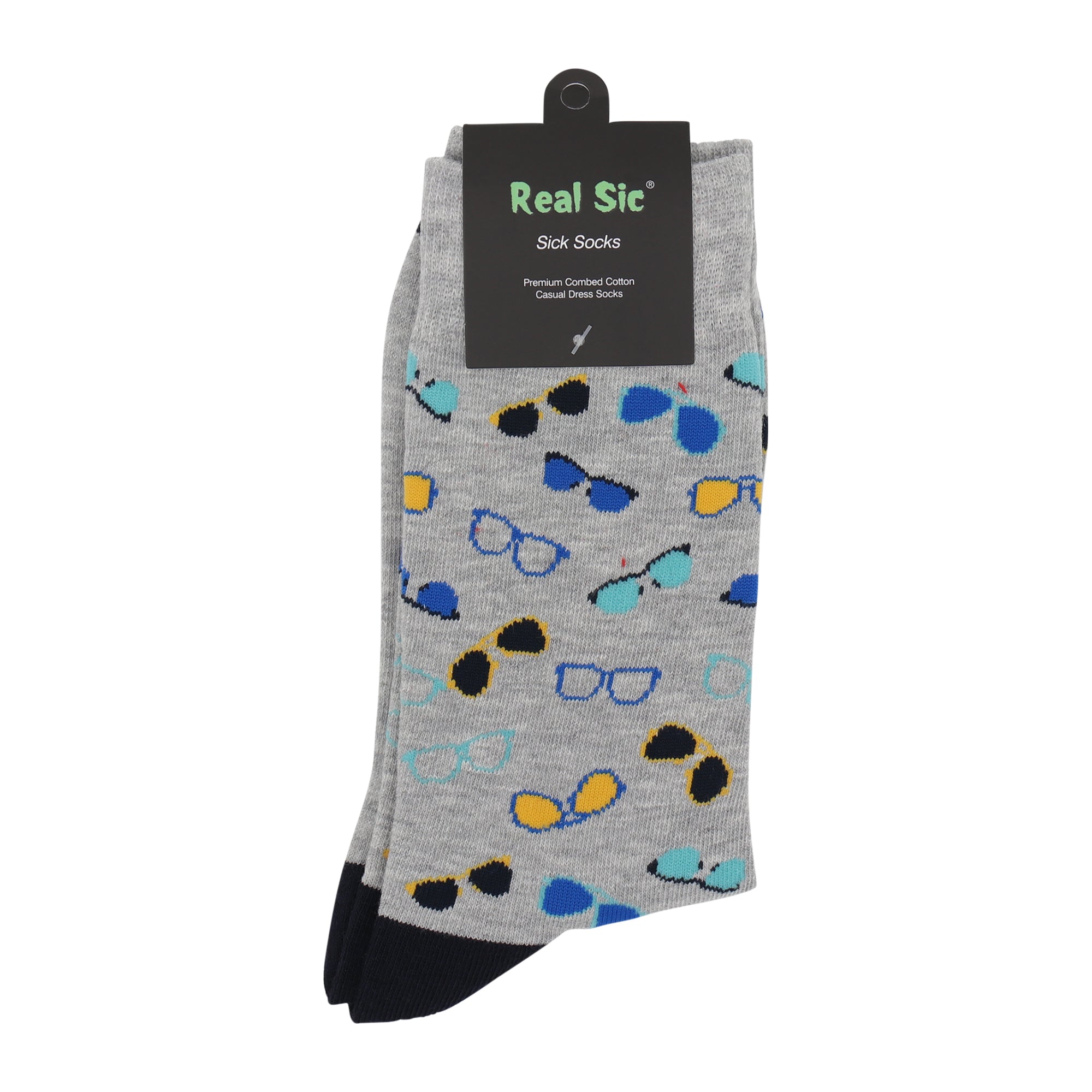 Gray socks with colorful sunglasses pattern on a white background, featuring 'Real Sic' brand.