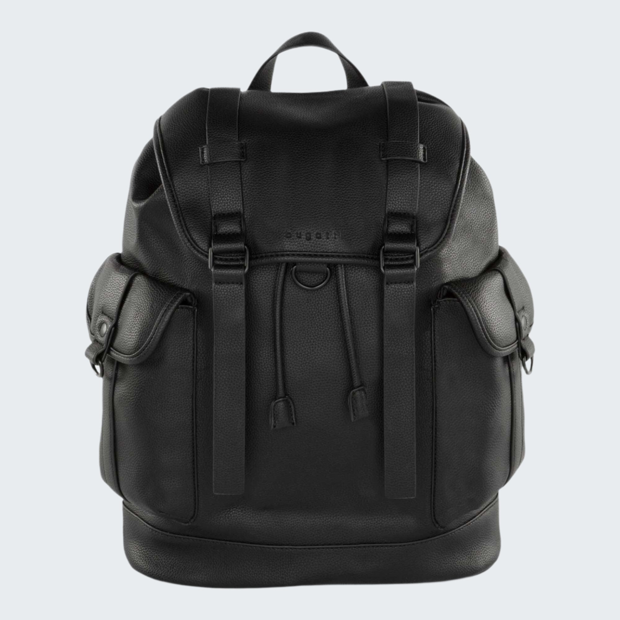 Black backpack with visible brand logo on a white background