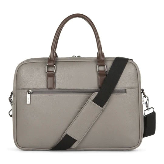 Gray briefcase with brown handle and black shoulder strap on a white background