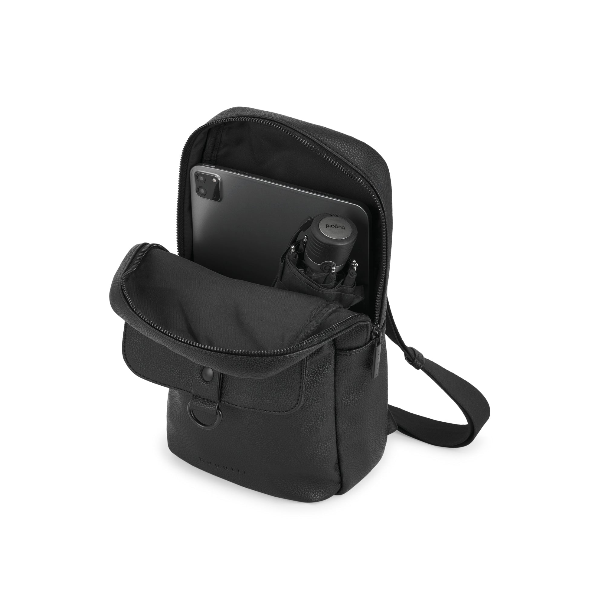 Black crossbody bag with open front pocket showing a phone and bottle on a white background