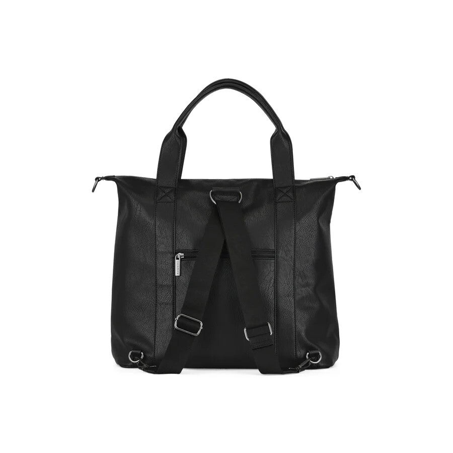 Black tote bag with shoulder straps on a white background