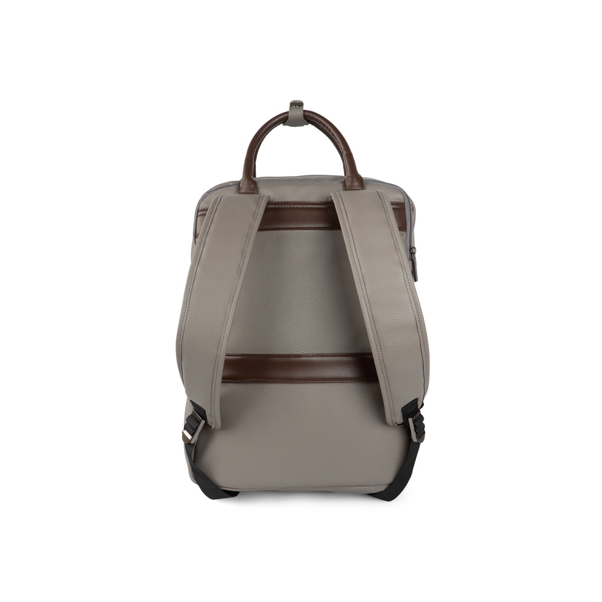 Back view of a beige backpack with brown straps on a white background