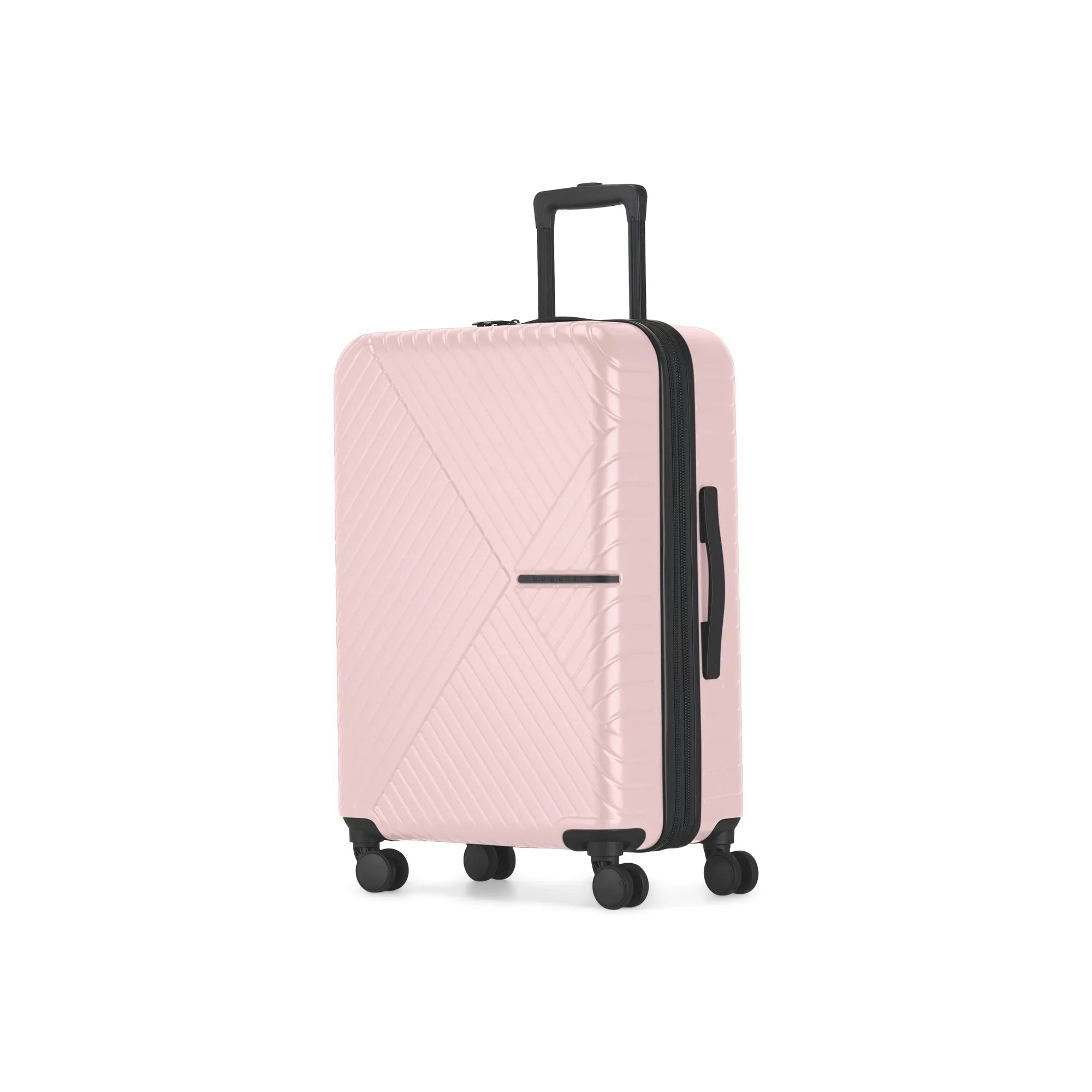 Pink suitcase with black handle and wheels on a white background