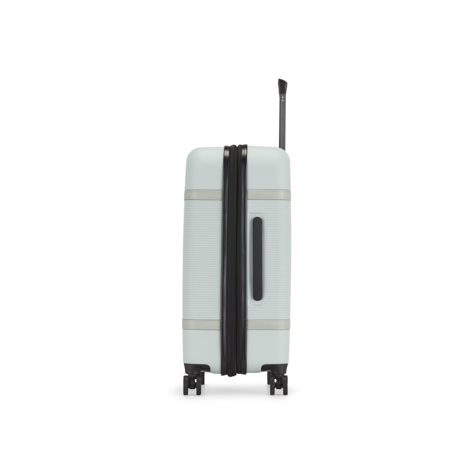 Light gray suitcase with black handle and wheels on a white background