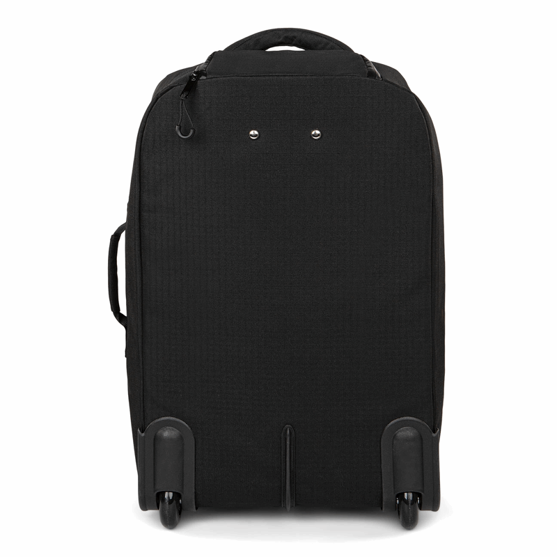 Black rolling suitcase on a white background