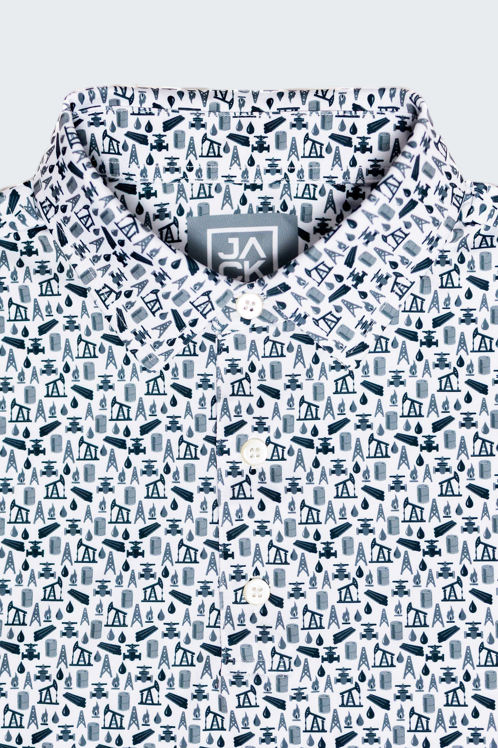 Patterned shirt with a visible brand logo on a white background