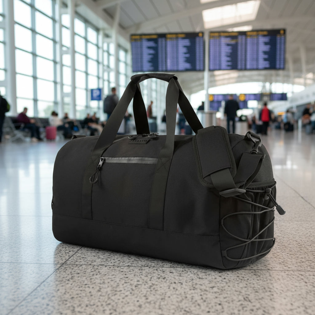Black duffel bag with multiple compartments on a white background