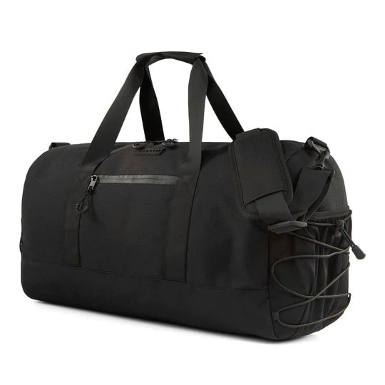 Black duffel bag with multiple compartments on a white background