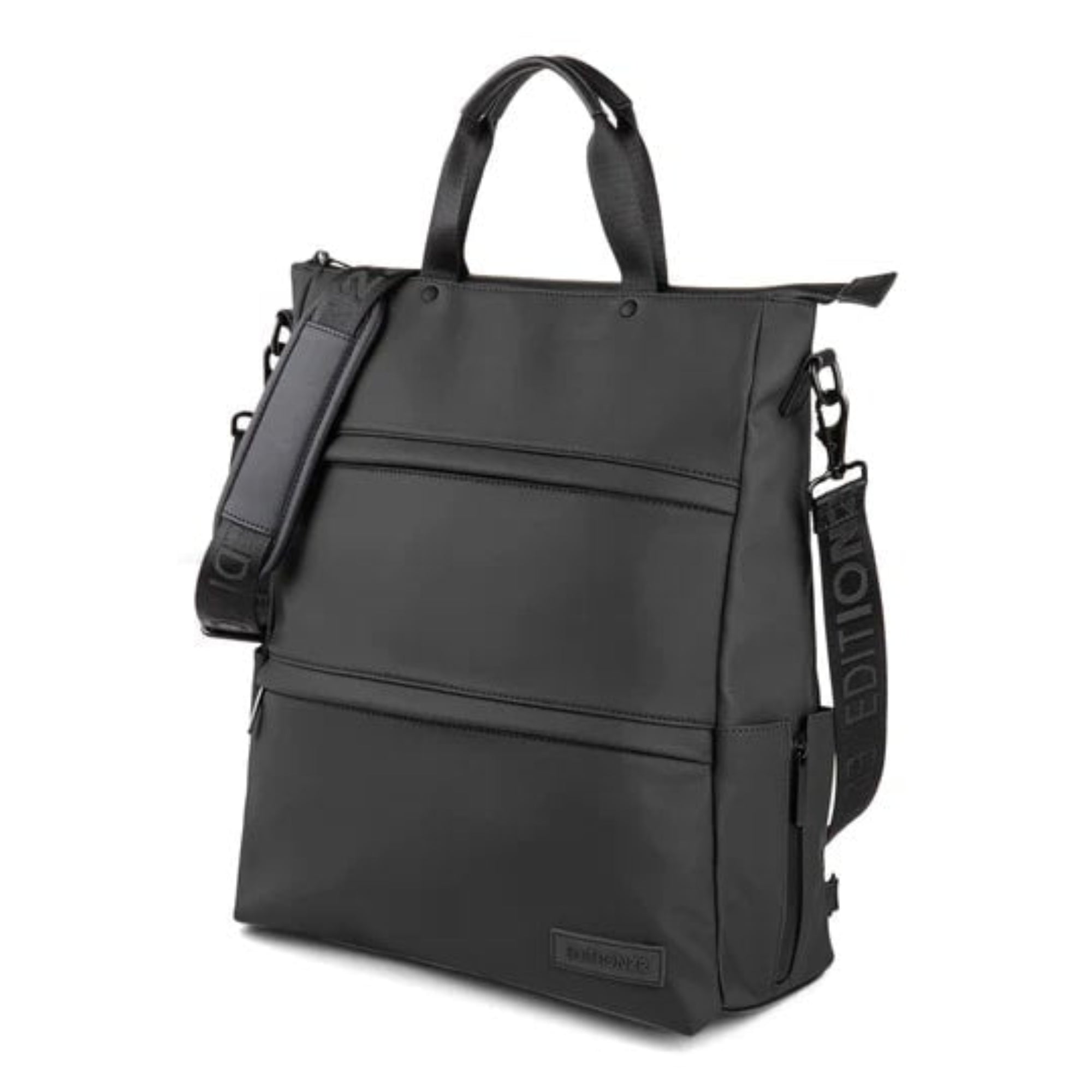 Black backpack with multiple compartments on a white background