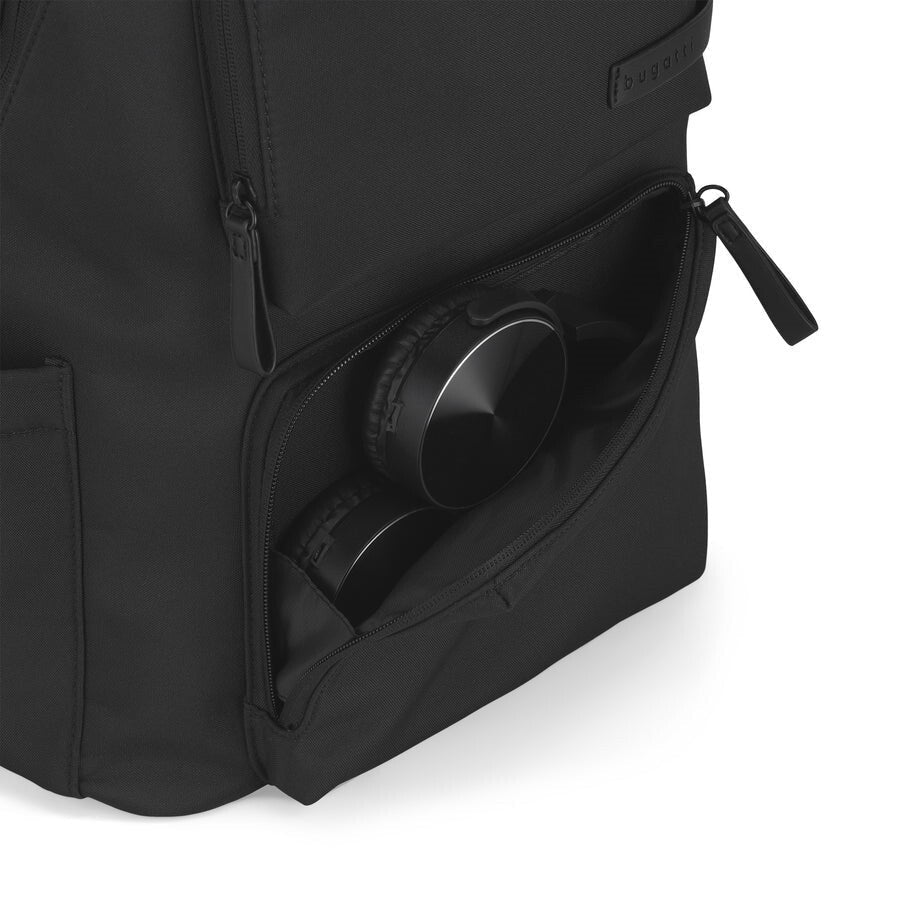 Black backpack with a compartment holding black headphones on a white background