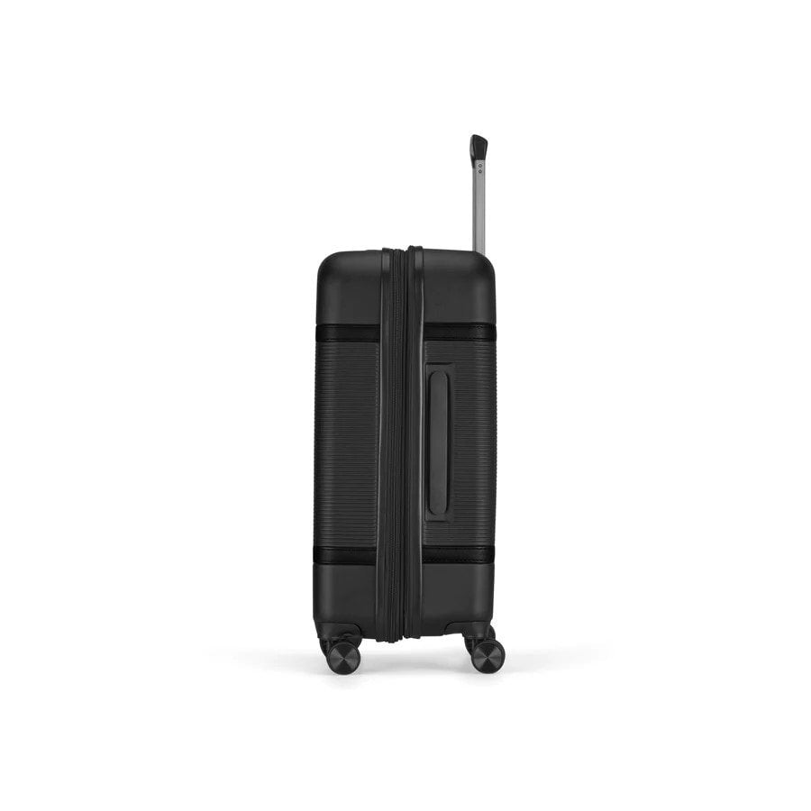 Black suitcase with wheels on a white background