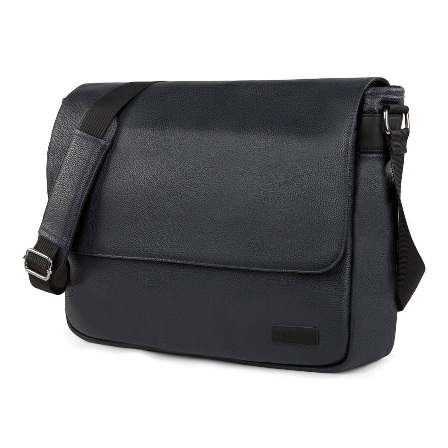 Black leather messenger bag on a white background