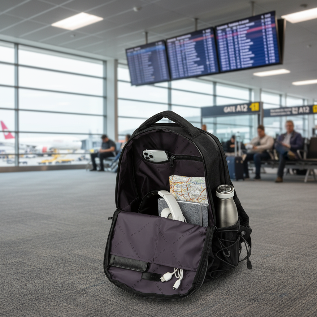 Black backpack with a purple compartment containing a phone, map, and water bottle on a white background