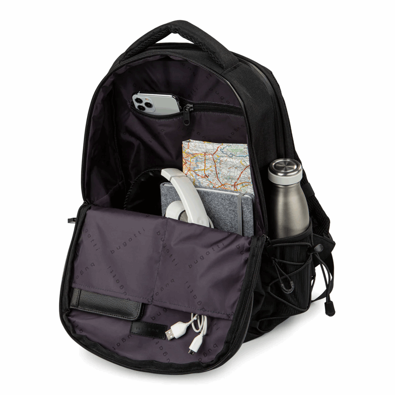 Black backpack with a purple compartment containing a phone, map, and water bottle on a white background