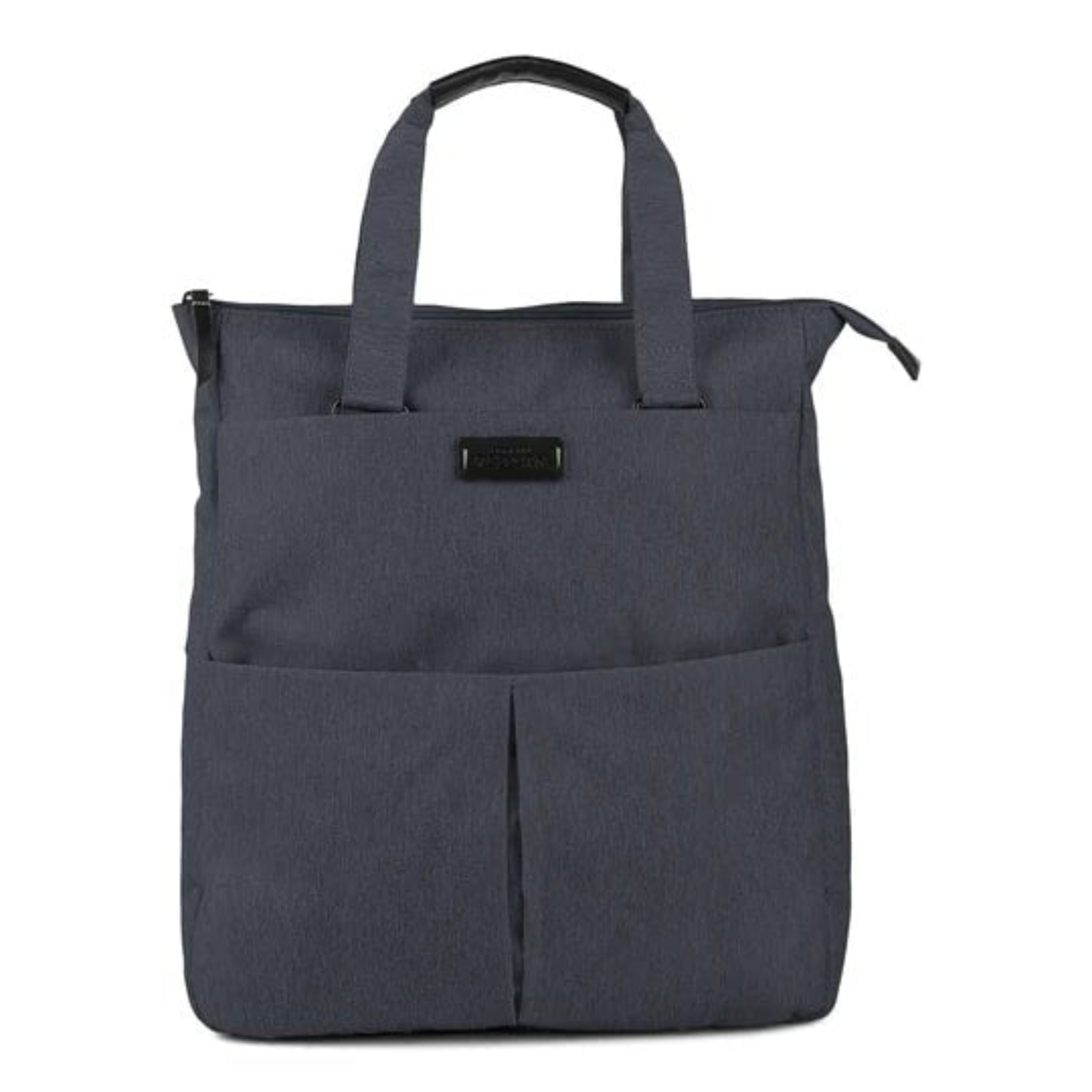 Gray tote bag with a visible brand logo on a white background