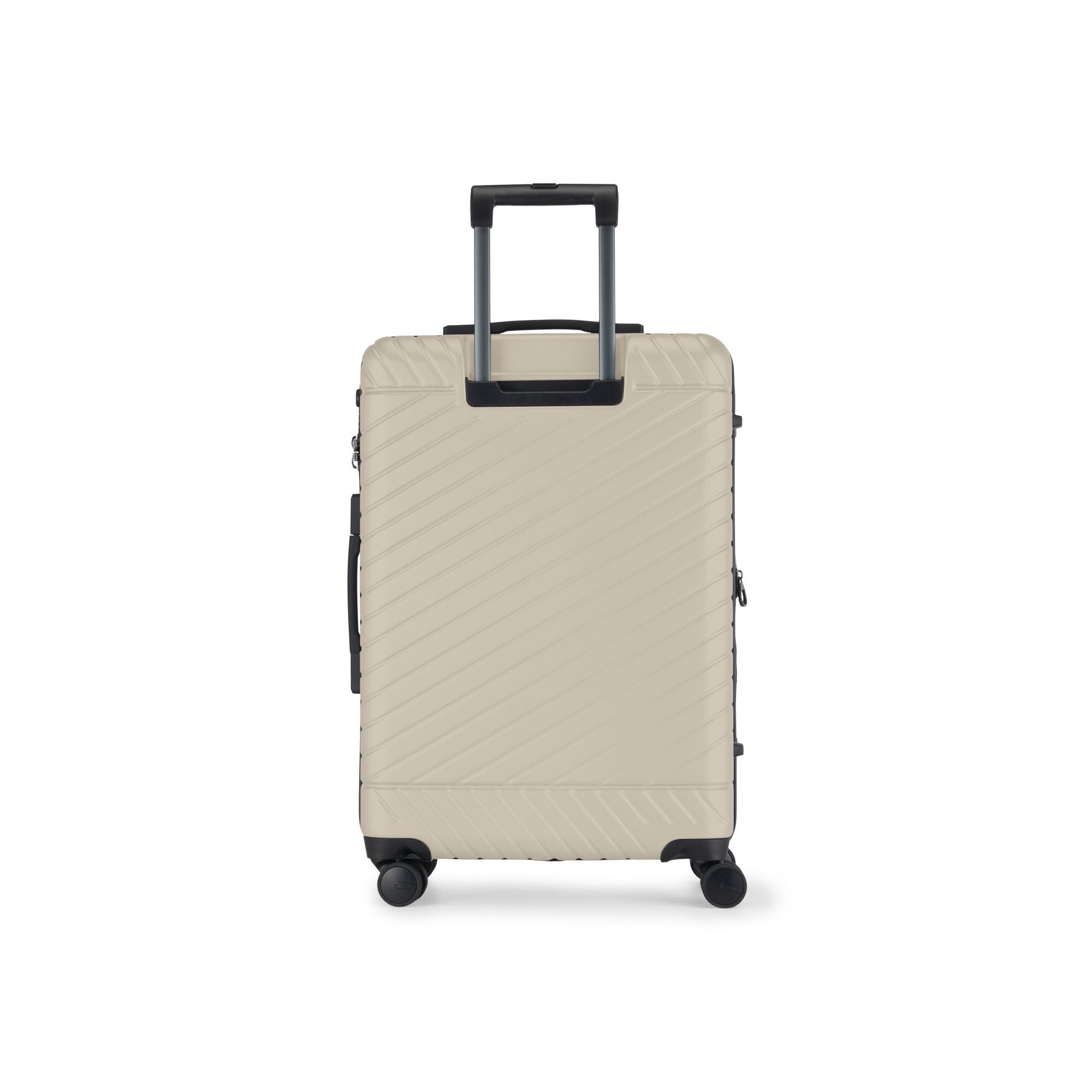 Beige suitcase with a black handle and wheels on a white background