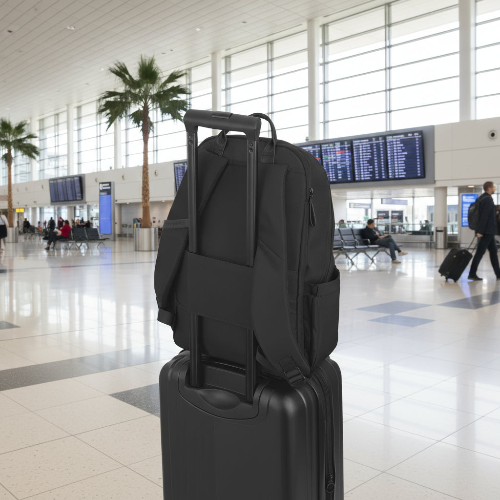 Black backpack on top of a black suitcase on a white background