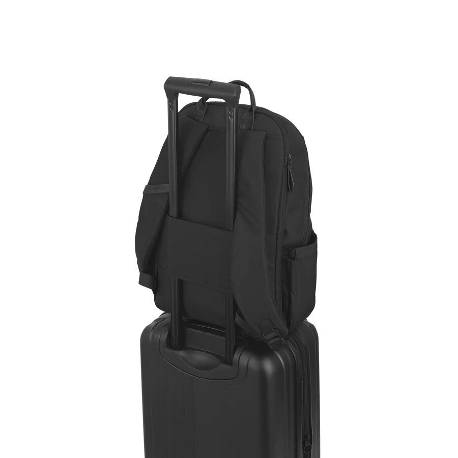 Black backpack on top of a black suitcase on a white background