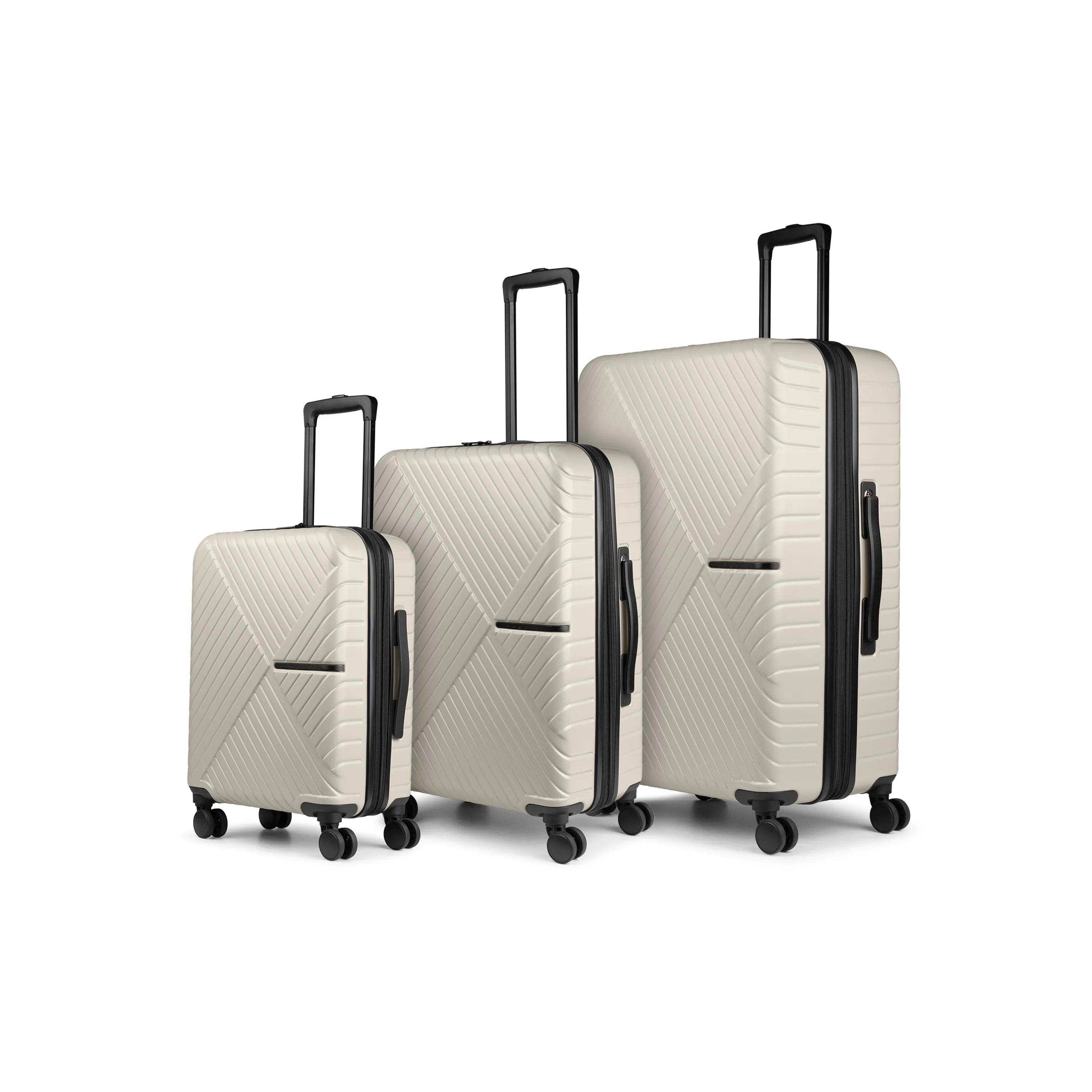 Set of three beige suitcases with black handles and wheels on a white background