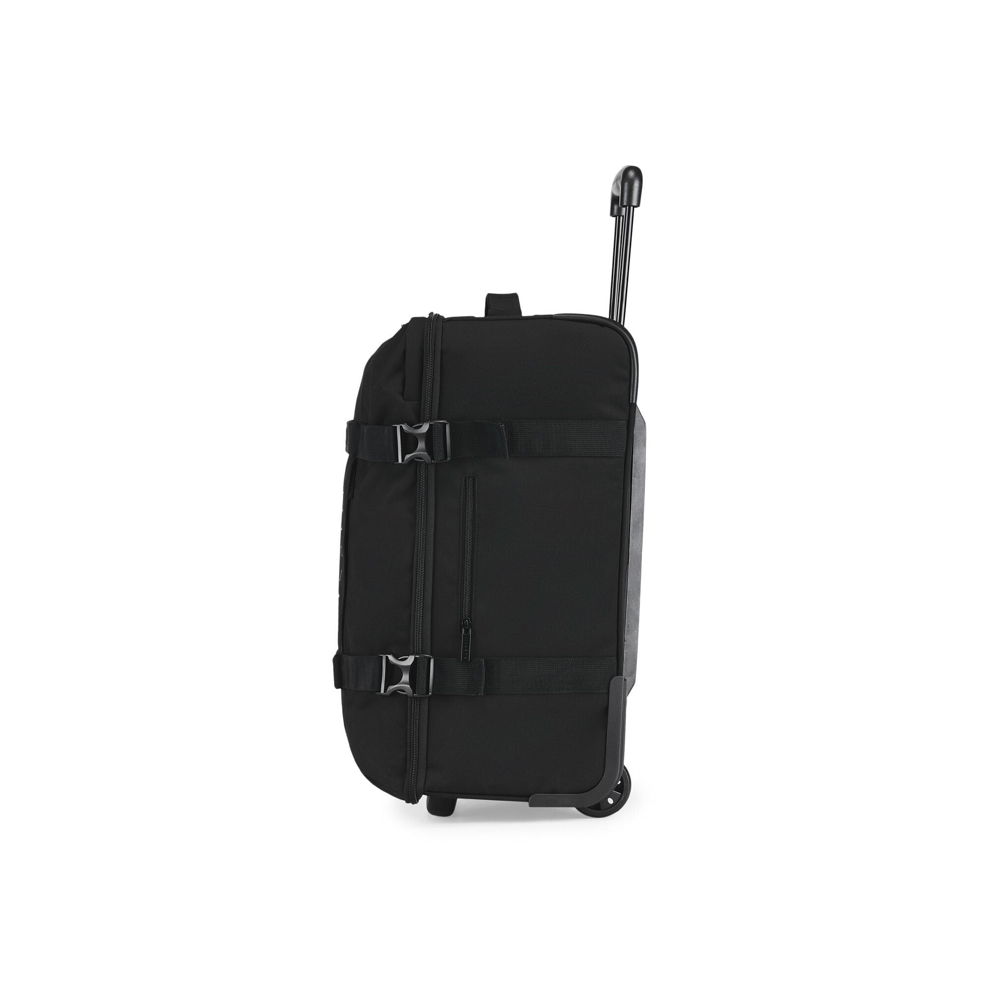 Black suitcase with wheels on a white background