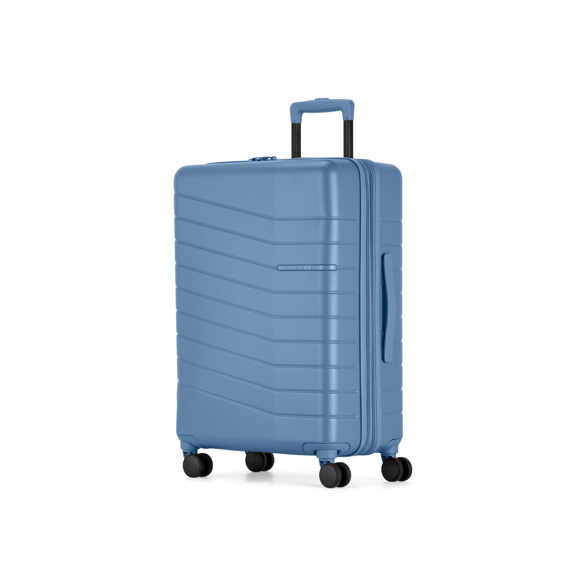 Blue suitcase with a textured surface on a white background