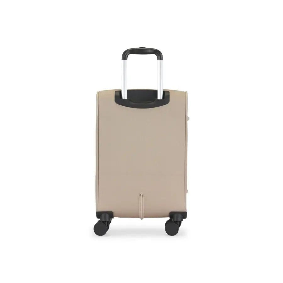Beige suitcase with a black handle on a white background