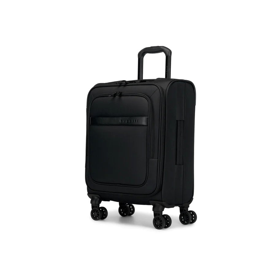 Black suitcase with wheels on a white background