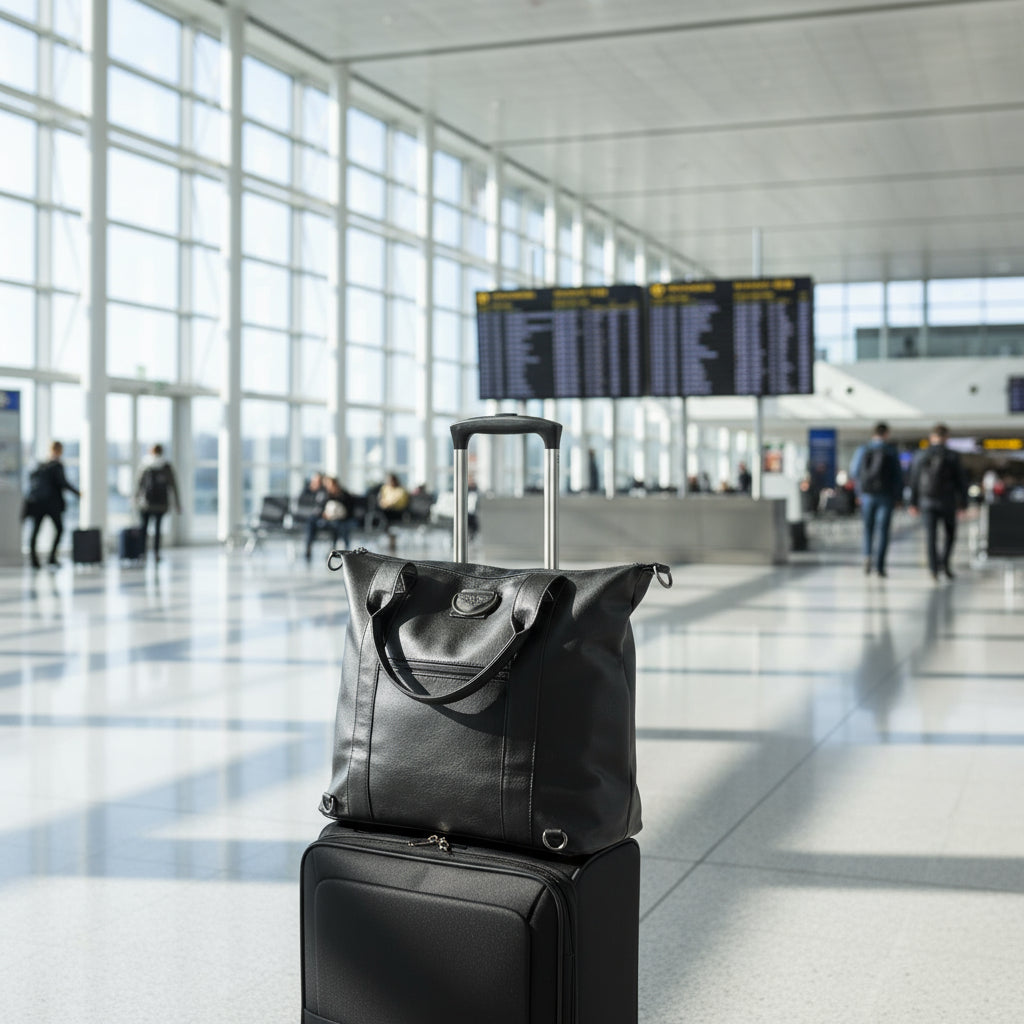 Black duffel bag with wheels on top of a black suitcase on a white background