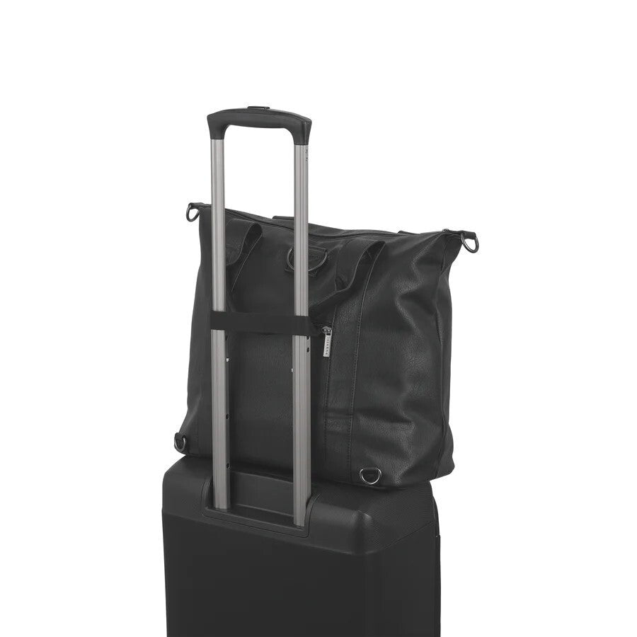 Black duffel bag with wheels on top of a black suitcase on a white background