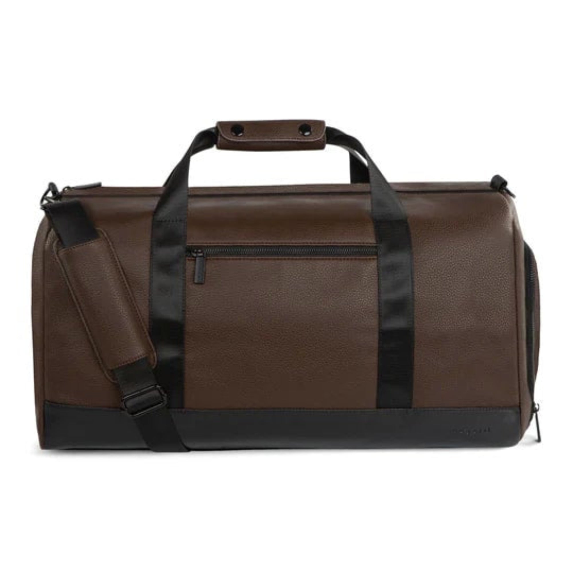 Brown duffel bag with black straps on a white background
