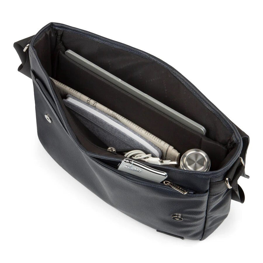 Black handbag with compartments on a white background