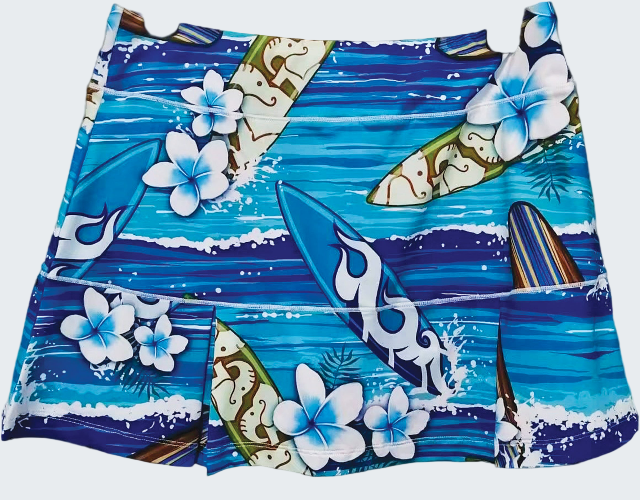 Blue swim trunks with floral and surfboard designs on a black background