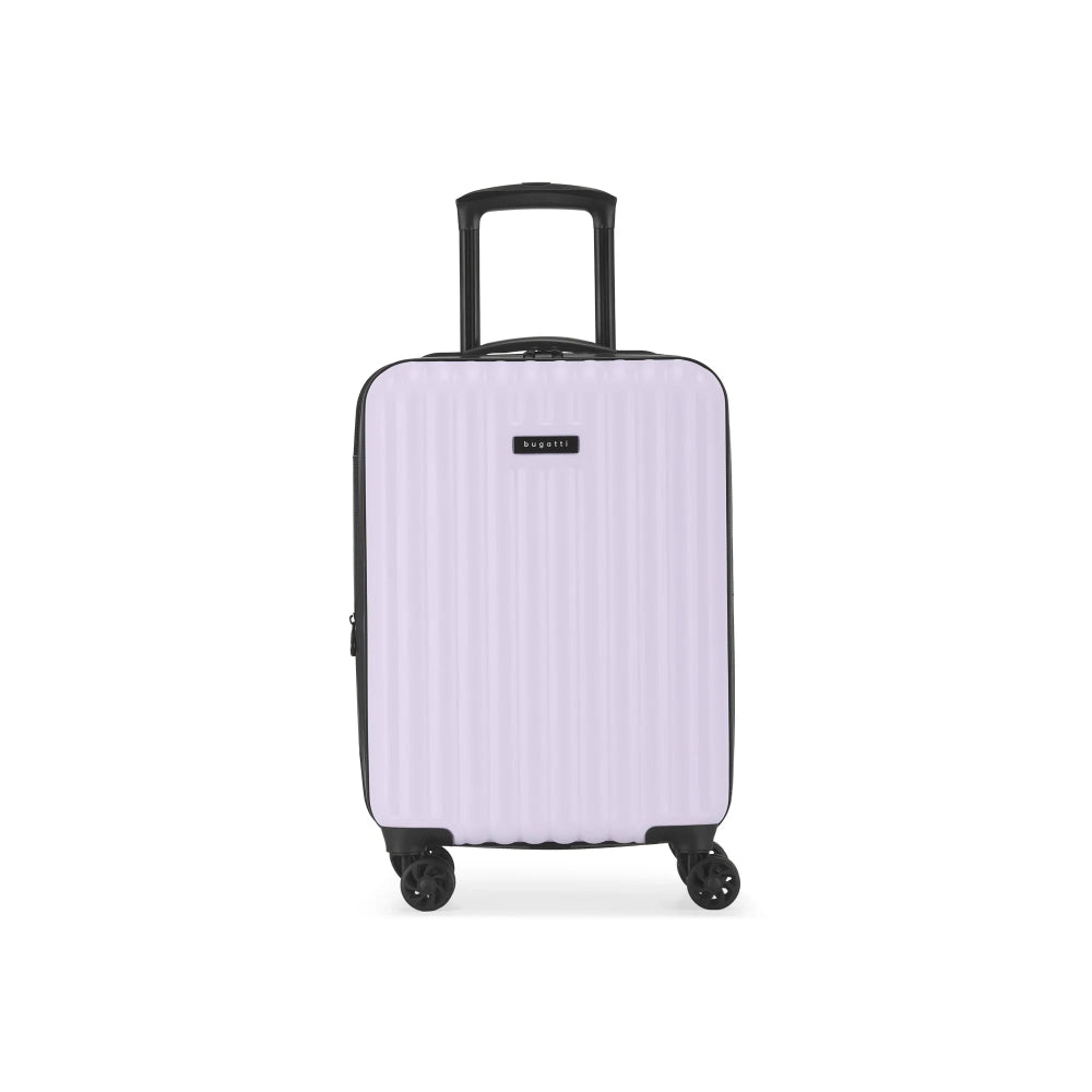 Light purple suitcase with black handle and wheels on a white background