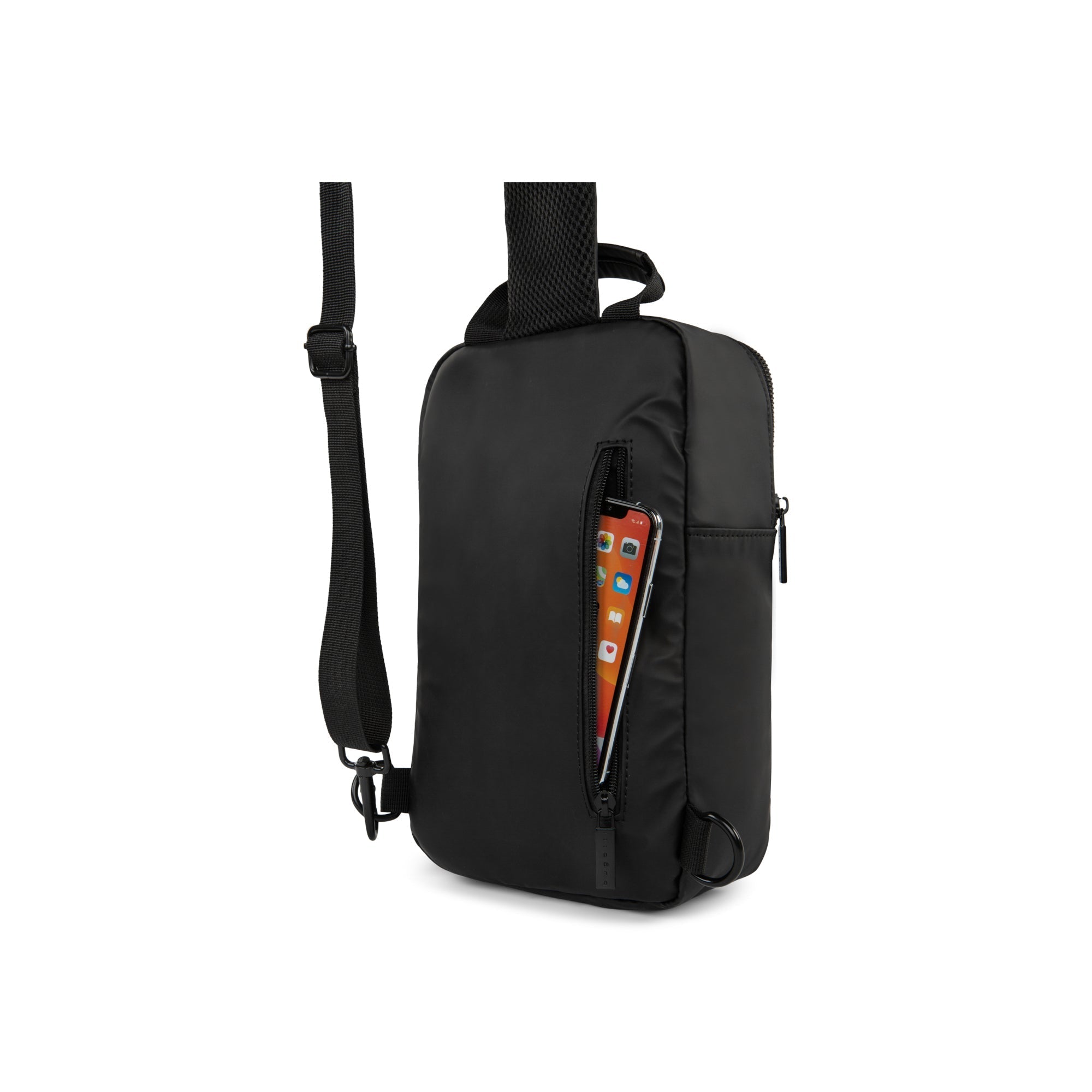 Black crossbody bag with a pocket on a white background