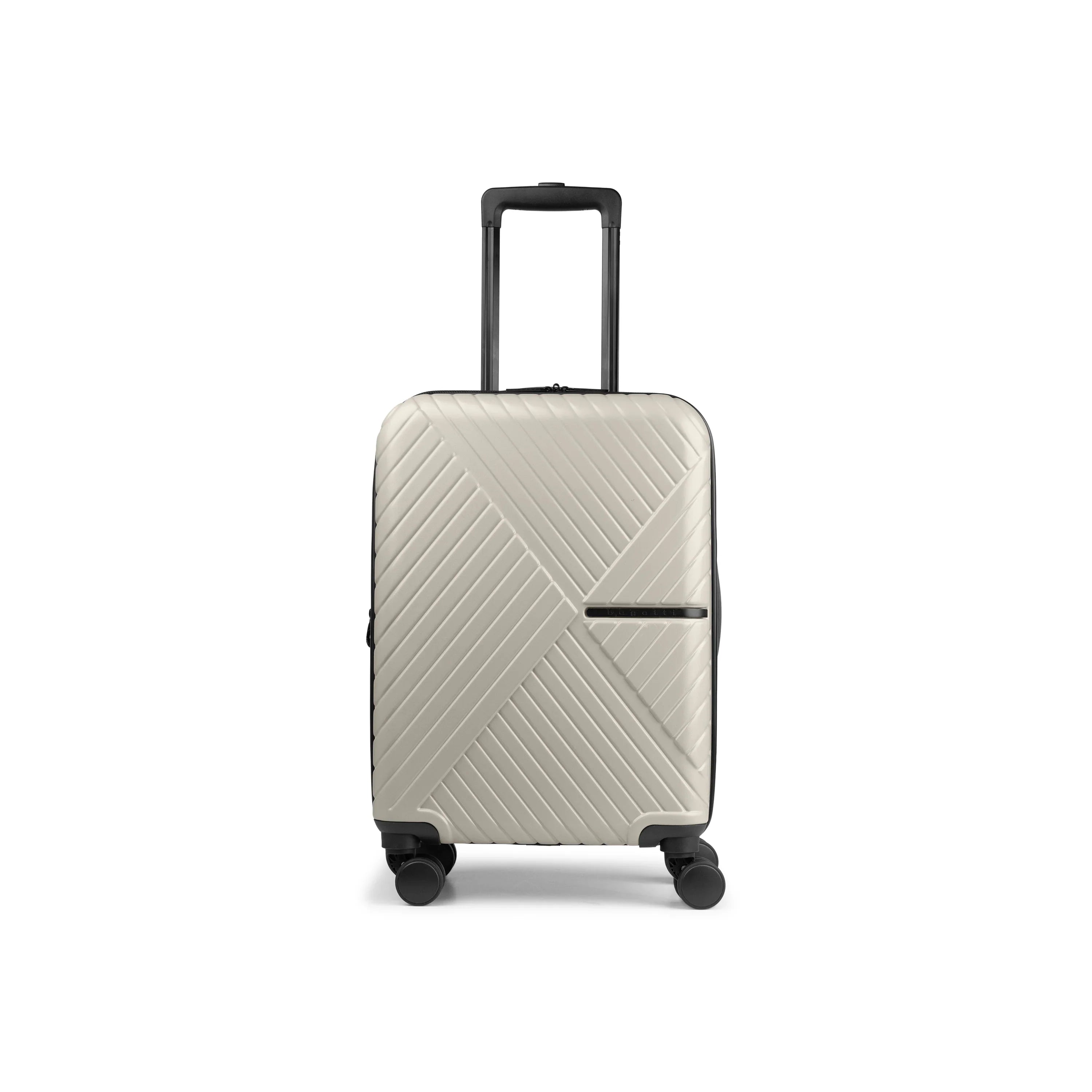 Beige suitcase with a geometric pattern on a white background