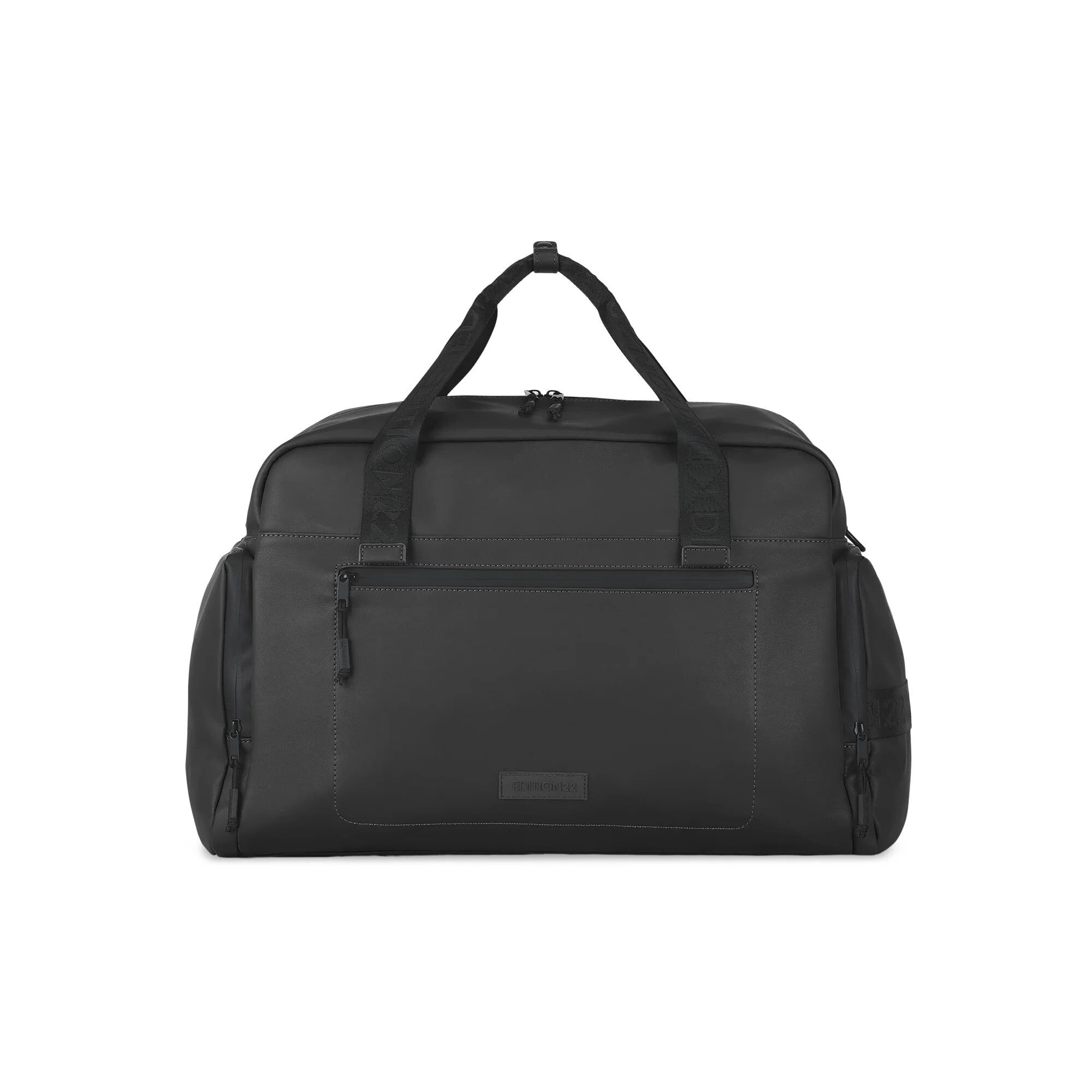 Black duffel bag on a white background