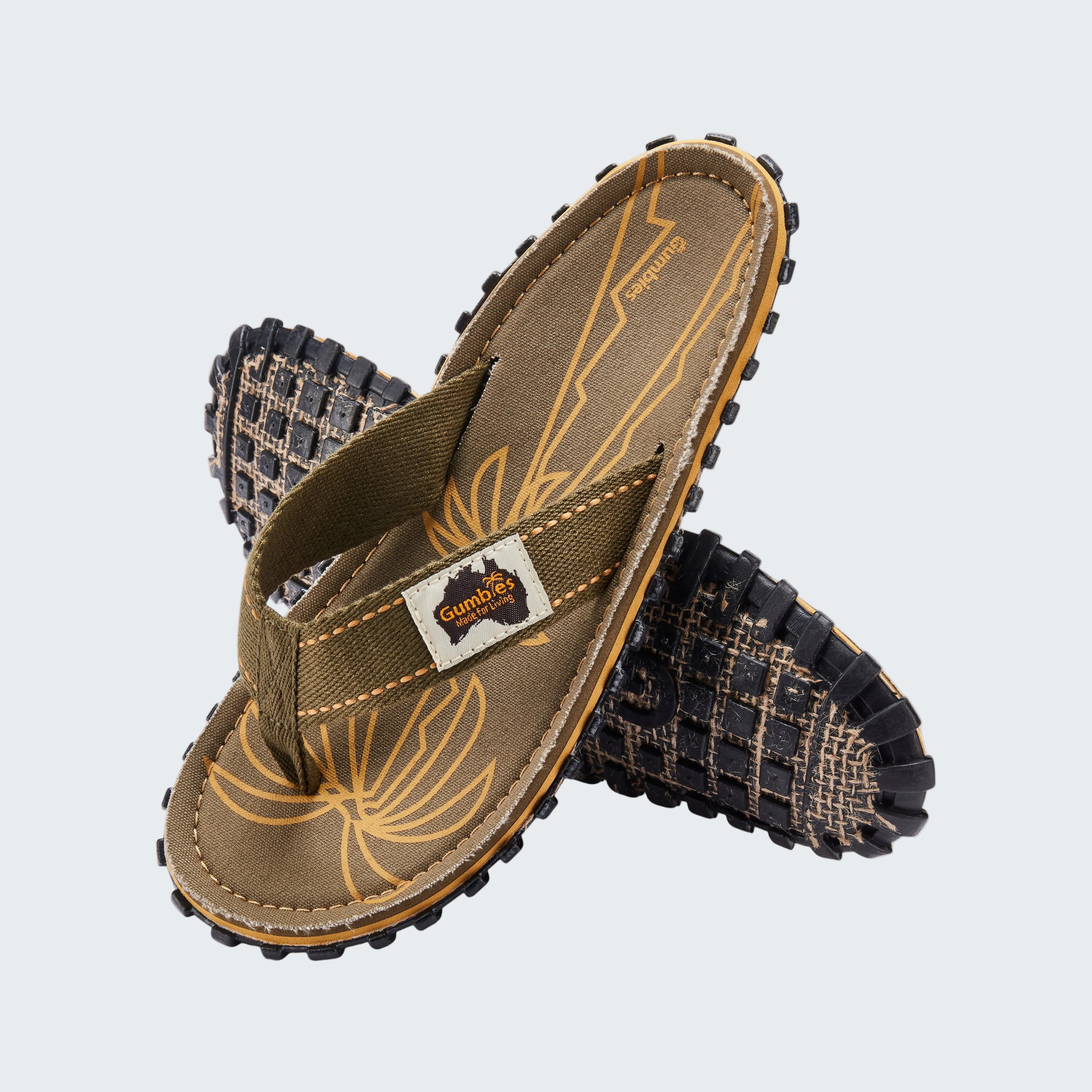 Brown sandals with textured soles on a white background