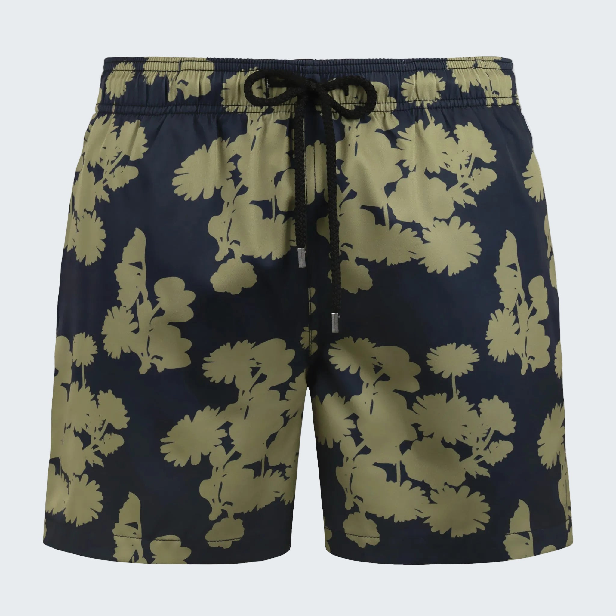 Navy blue swim shorts with beige floral pattern on a white background