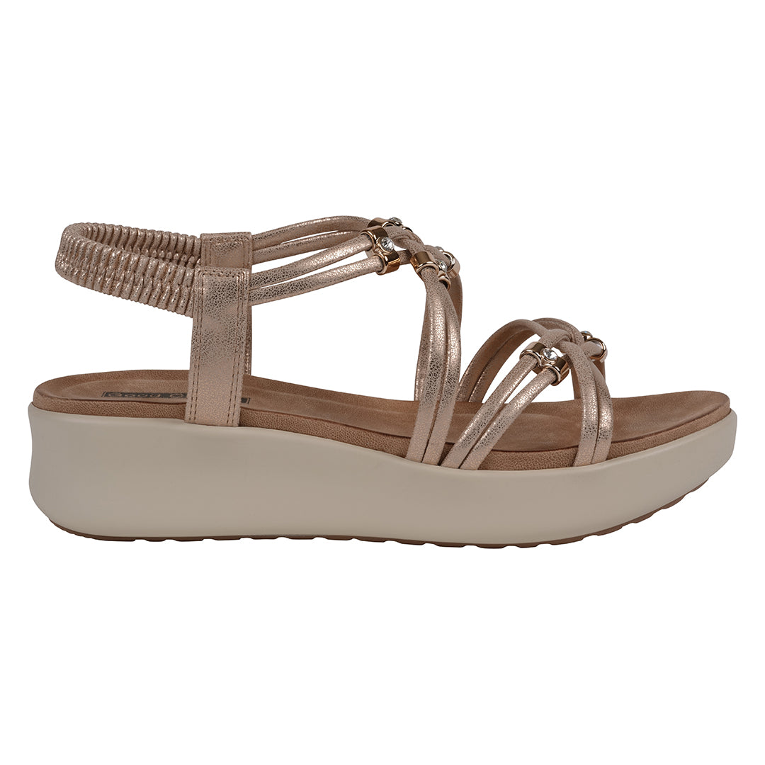 Rose gold sandal with a beige sole on a white background